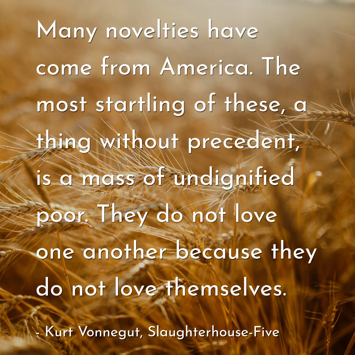 Many novelties have come from America. The most startling of these, a thing without precedent, is a mass of undignified poor. They do not love one another because they do not love themselves.