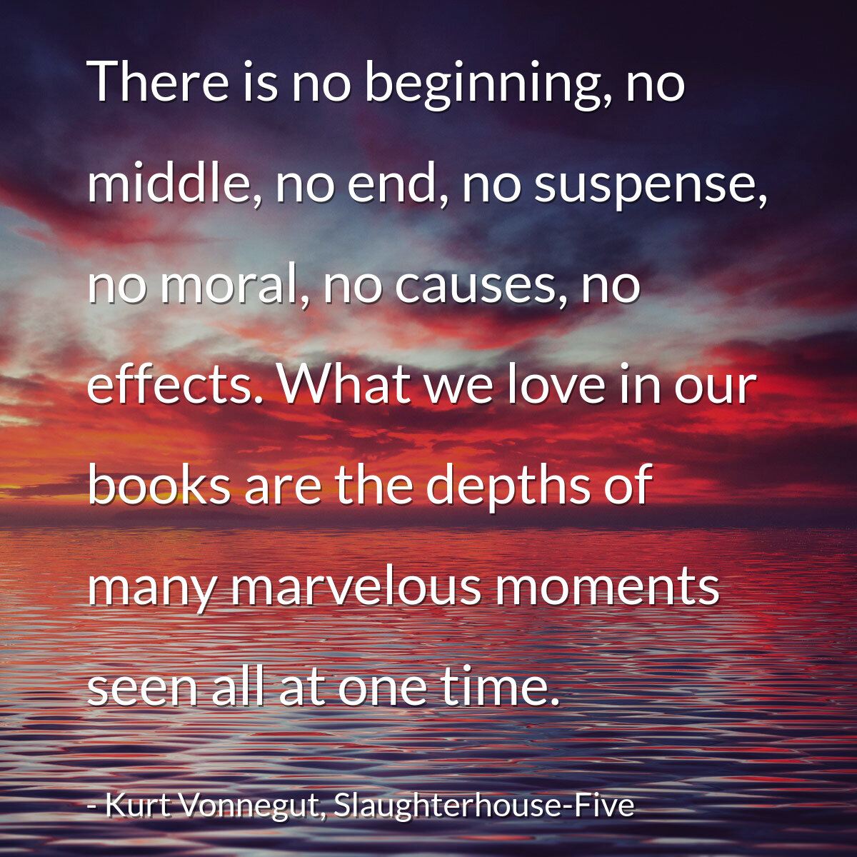 There is no beginning, no middle, no end, no suspense, no moral, no causes, no effects. What we love in our books are the depths of many marvelous moments seen all at one time.