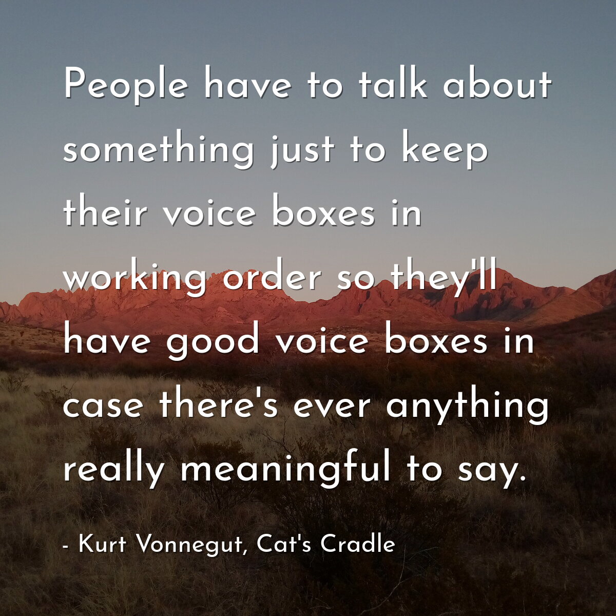 People have to talk about something just to keep their voice boxes in working order so they'll have good voice boxes in case there's ever anything really meaningful to say.