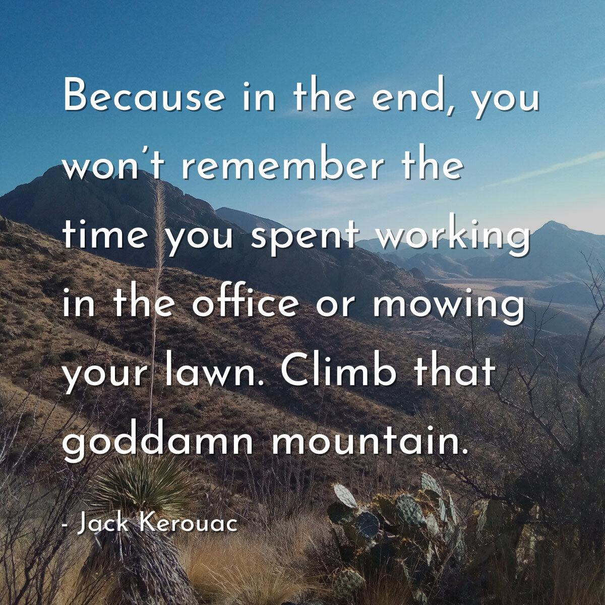 Because in the end, you won’t remember the time you spent working in the office or mowing your lawn. Climb that goddamn mountain.