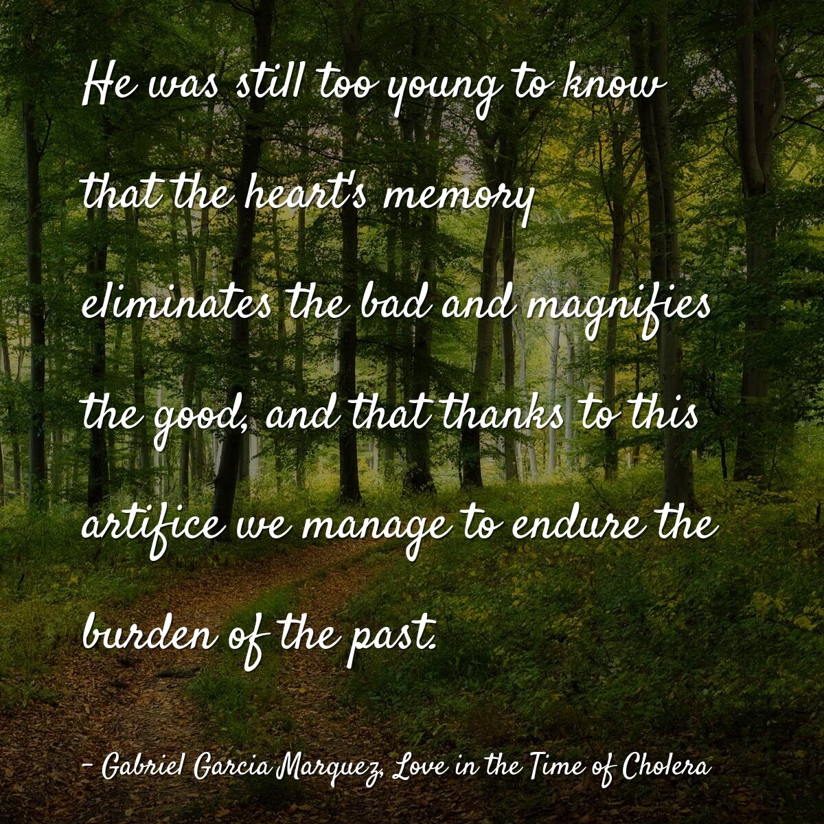 He was still too young to know that the heart's memory eliminates the bad and magnifies the good, and that thanks to this artifice we manage to endure the burden of the past.