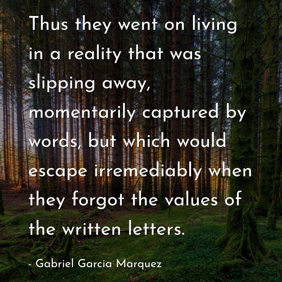 Thus they went on living in a reality that was slipping away, momentarily captured by words, but which would escape irremediably when they forgot the values of the written letters.