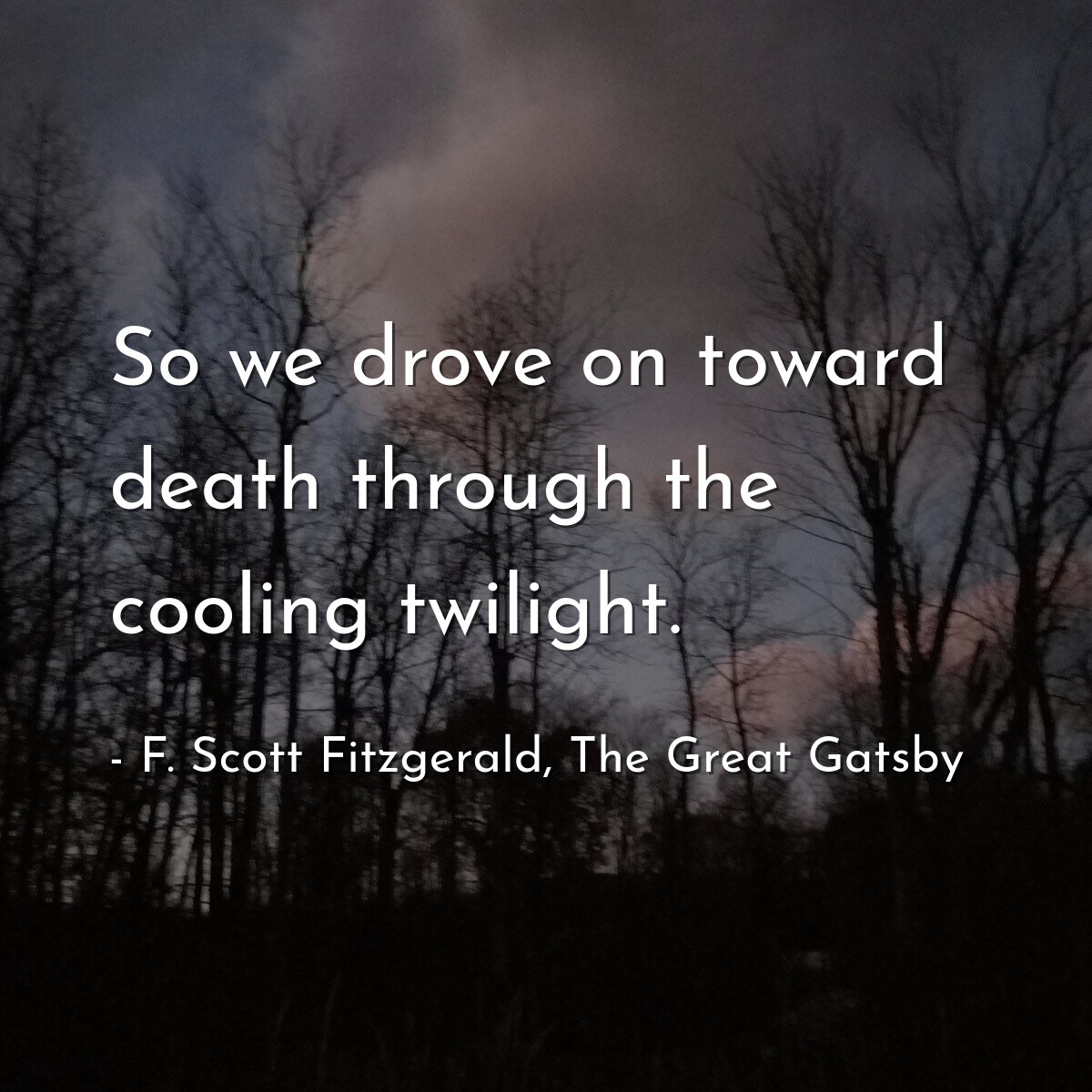 So we drove on toward death through the cooling twilight.